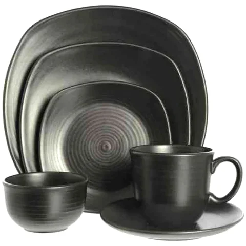 Vajilla de porcelana negra: platos, bol y tazas